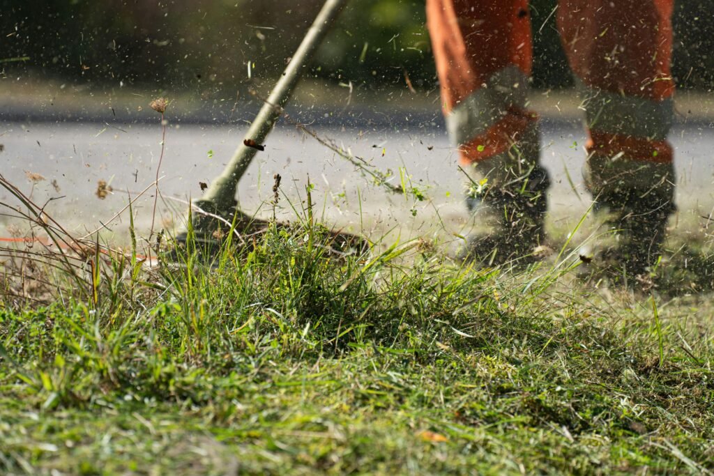 Home Close-up of a grass cutter trimming green grass with flying clippings outdoors.